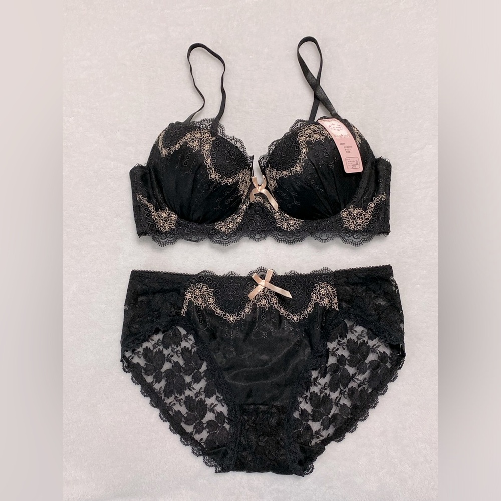NWT Japanese brand embroidery floral push up bra and panty set JP-D70